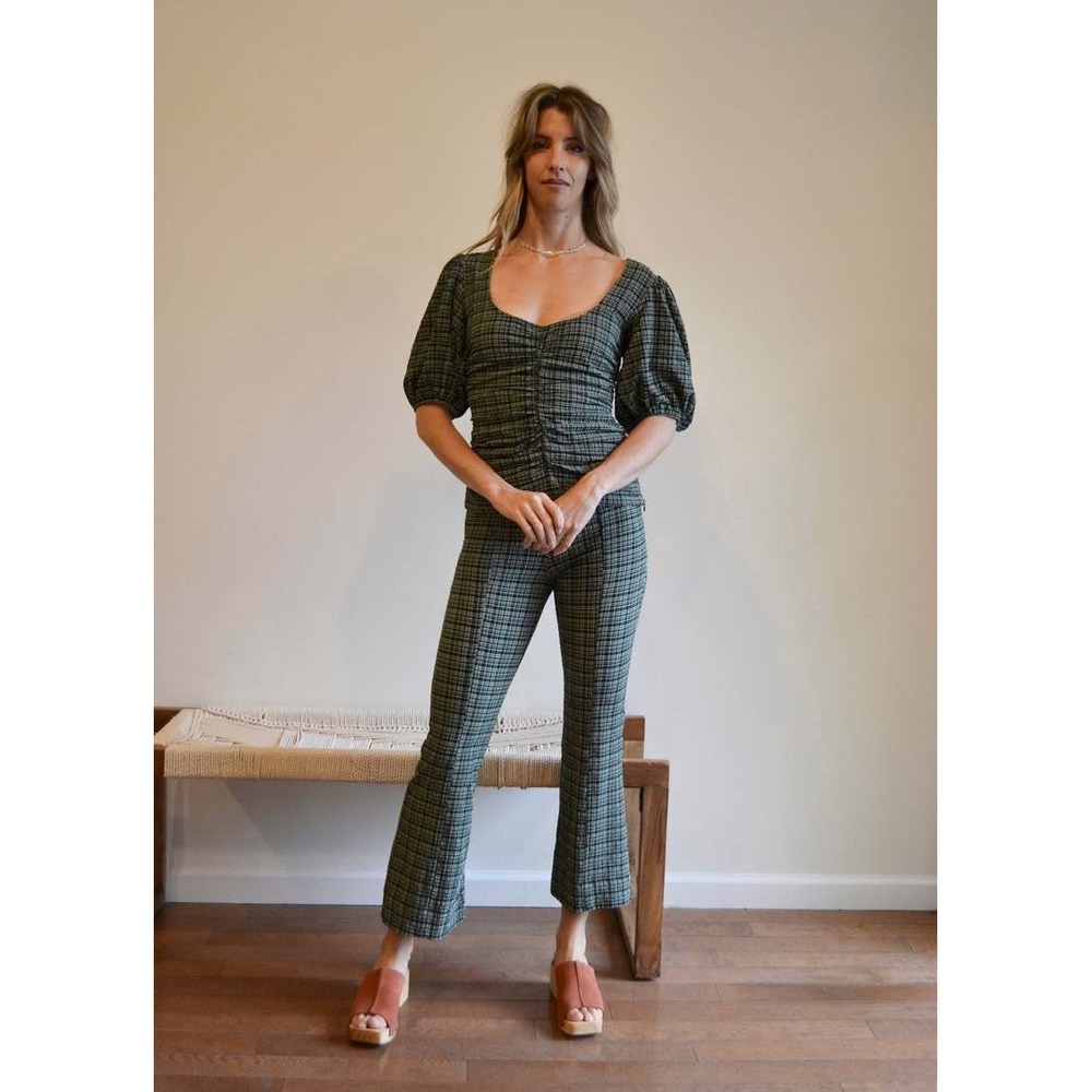 Ganni Stretch Seersucker Cropped Pants Green Plaid Office Womens 44 US 12 XL